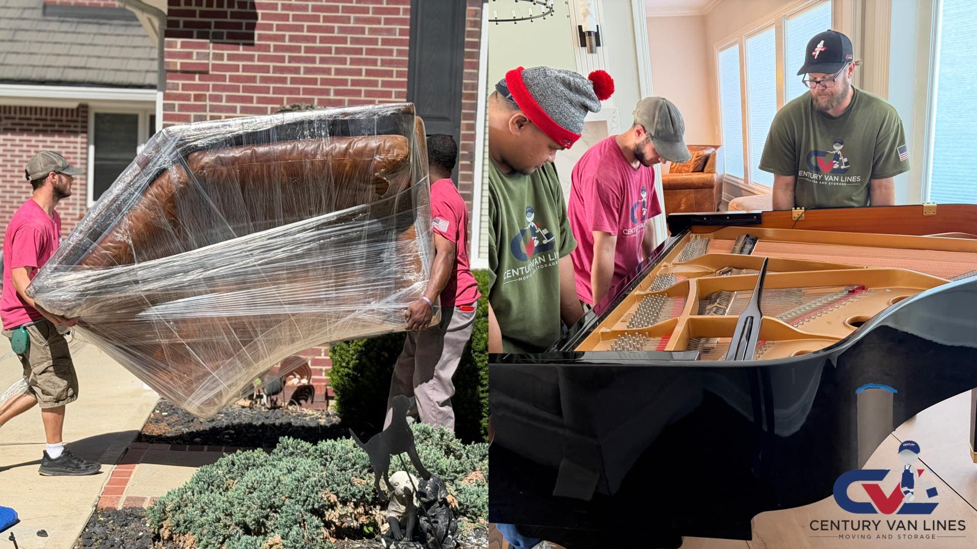 Movers carrying a wrapped leather armchair outside and carefully positioning a grand piano indoors.